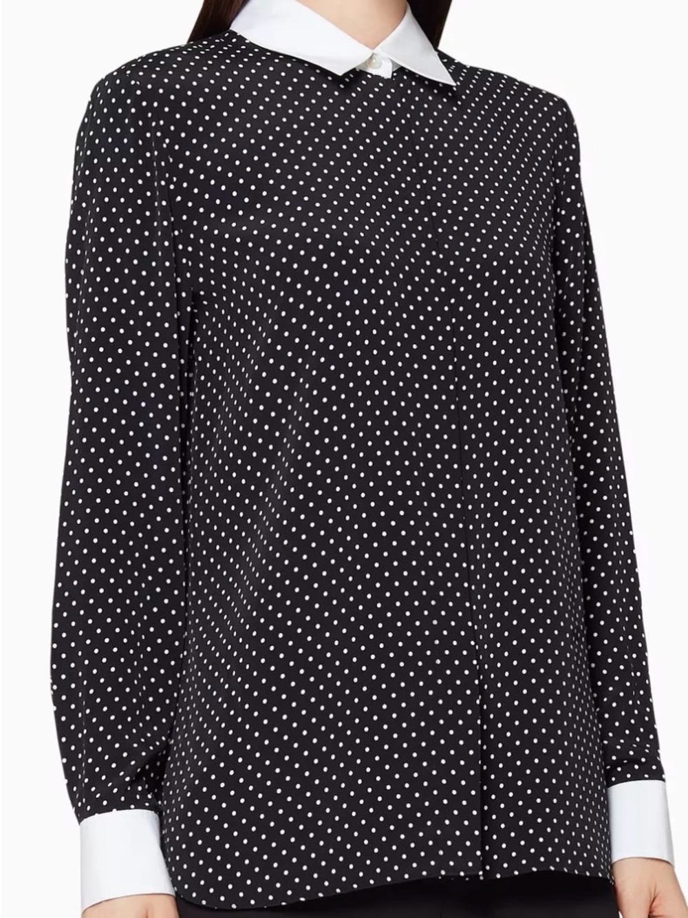 THEORY Women’s Contrast Straight Long Sleeve Polka Dot Crepe Shirt.